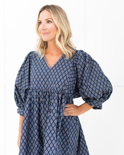 Navy Blue Block Print Medallion Balloon Sleeve Mini Dress