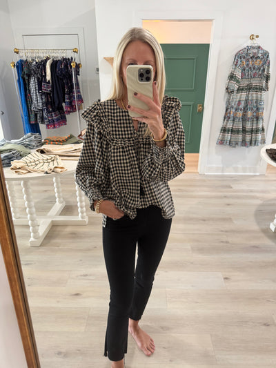 Black and Neutral Gingham Long Sleeve Blouse