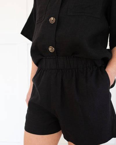 Black Linen Shorts with Elastic Waist