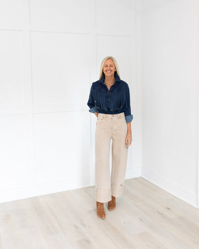 Dark Denim Fringed Button Down Shirt