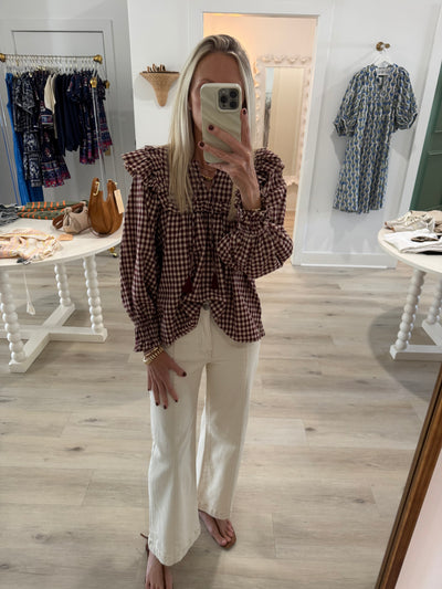Burgundy & Neutral Gingham Long Sleeve Blouse
