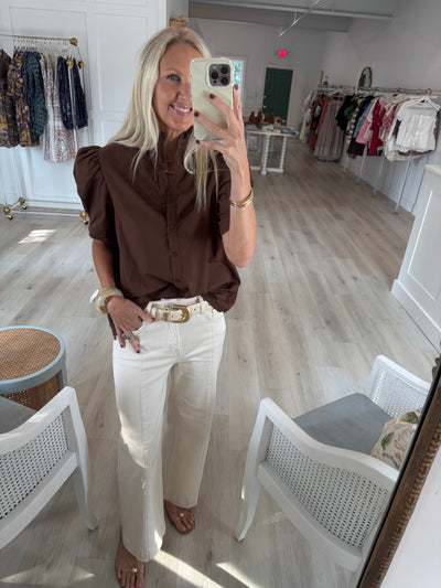 Brown Ruffle Neck Puff Sleeve Top