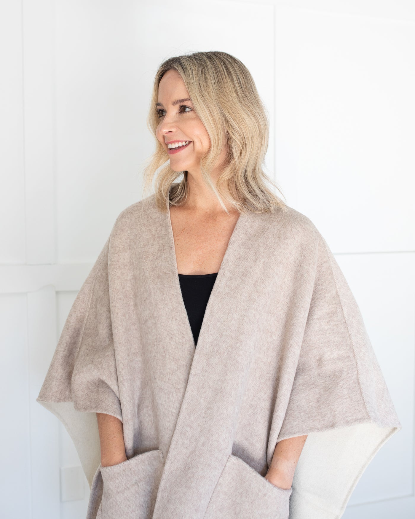 Reversible Cashmere Silk Cape in Grey and Beige