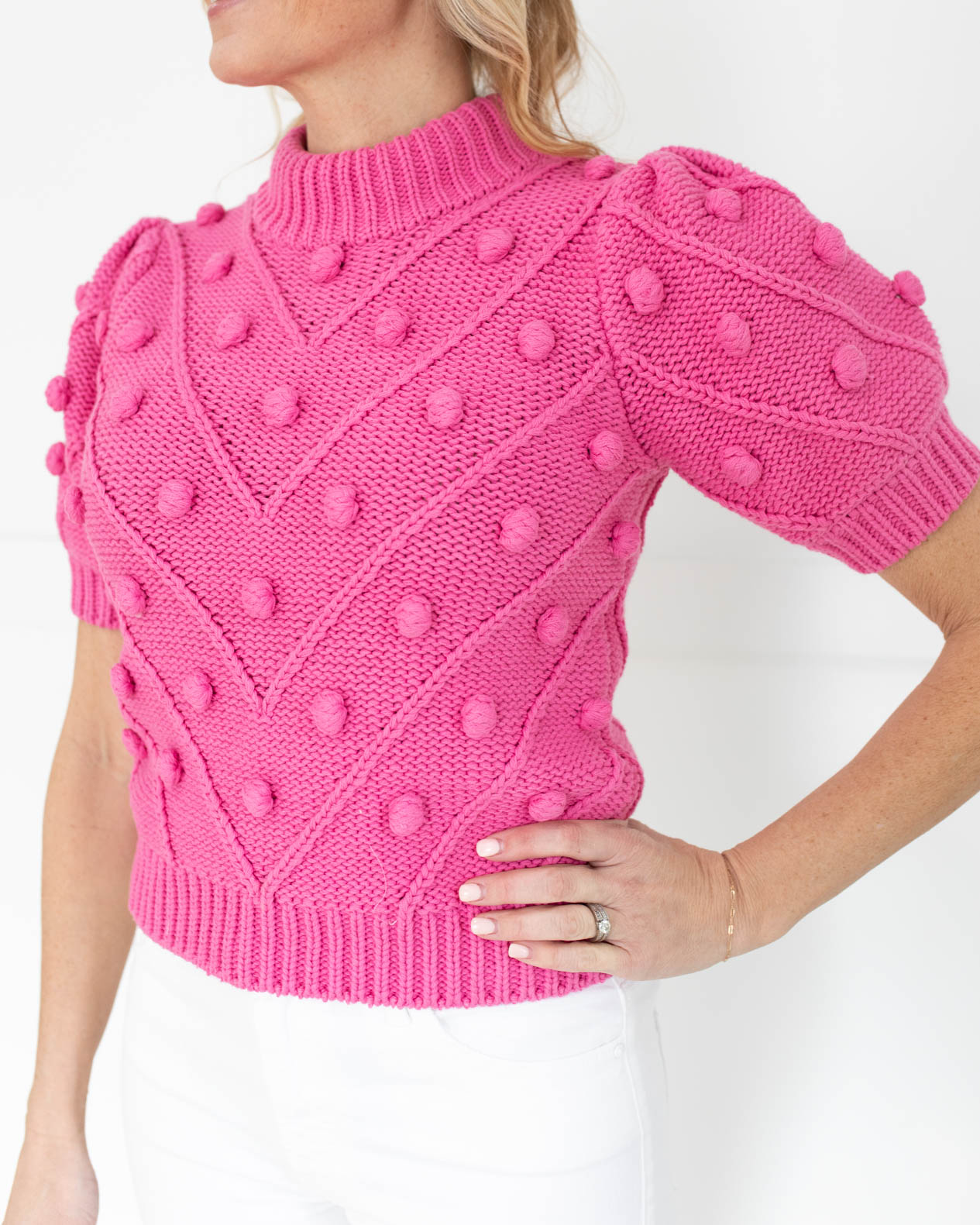 Pink Pom Pom Puff Sleeve Sweater