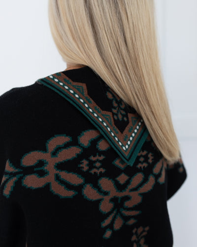 Black, Brown and Teal Scarf Neck Print Sweater