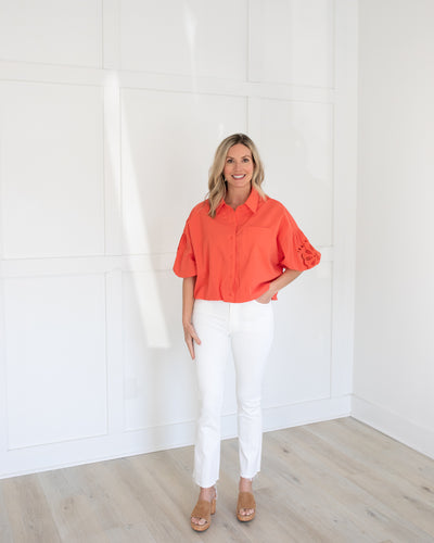 Coral Blouse with Embroidered Sleeve