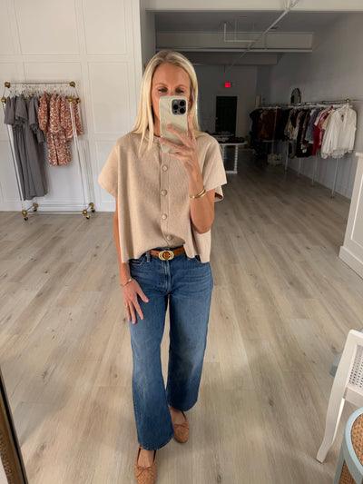 Oatmeal Knit Soft Short Sleeve Sweater w/Buttons