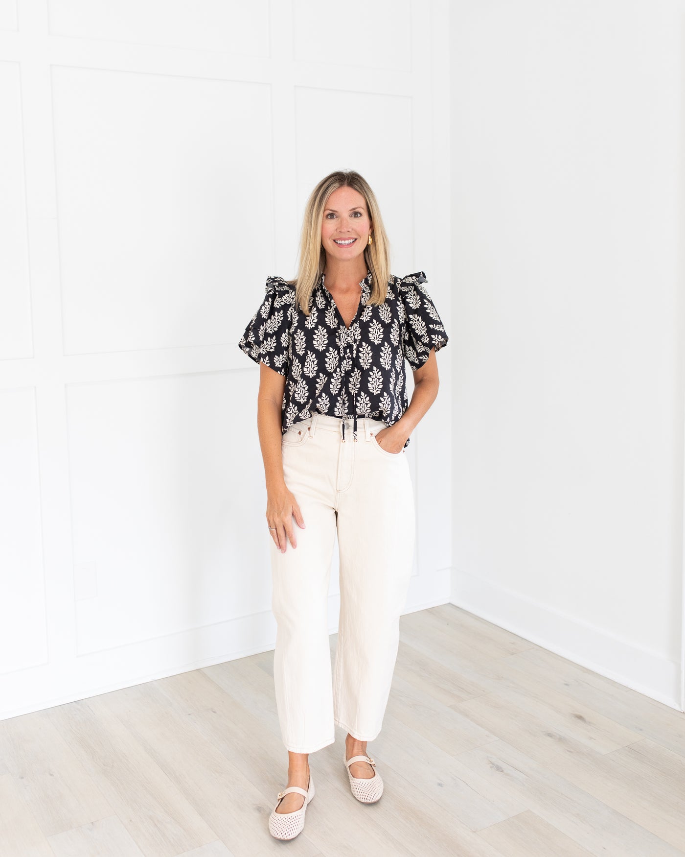 Black and Ivory Flutter Sleeve Top