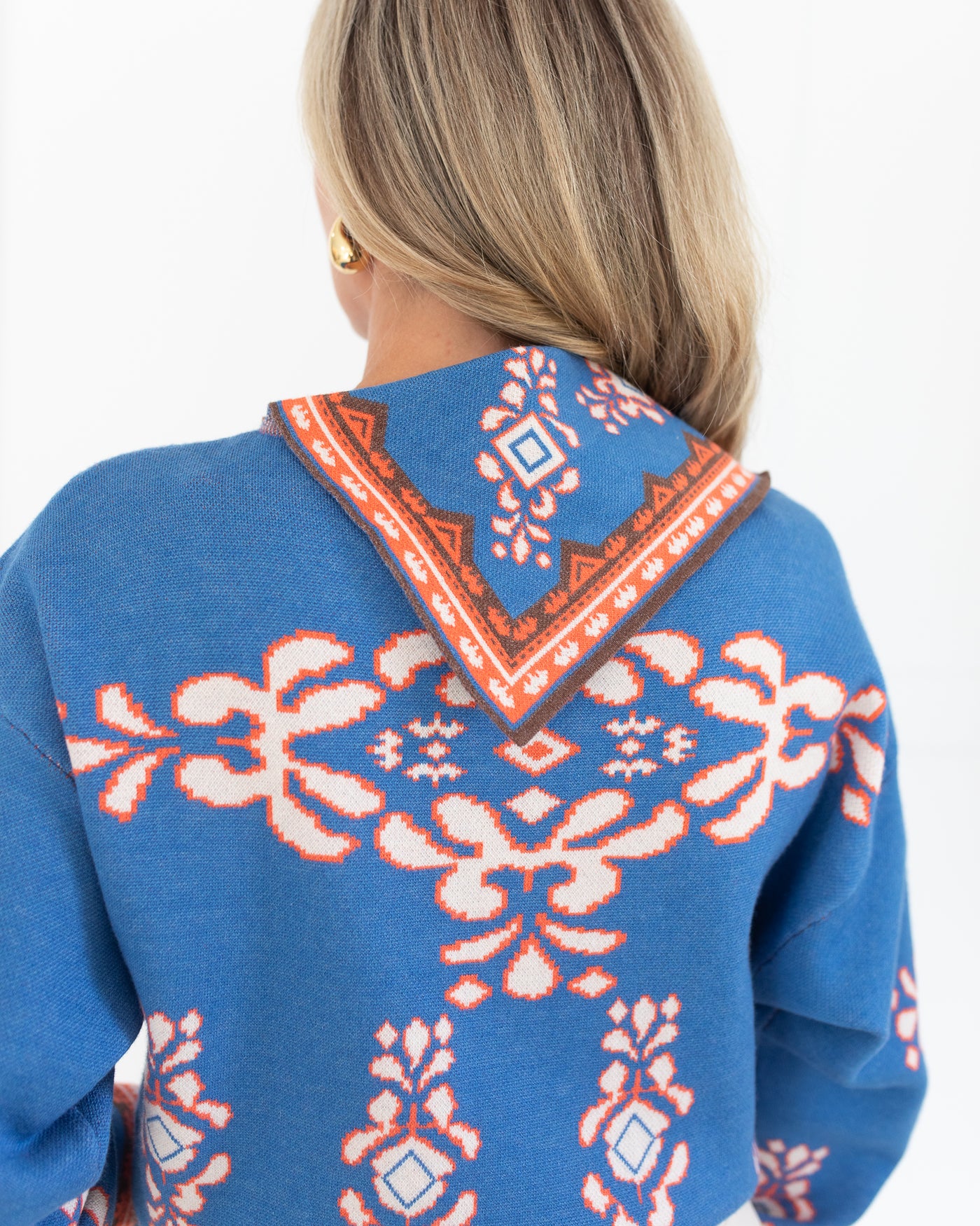 Blue and Orange Print Scarf Neck Sweater
