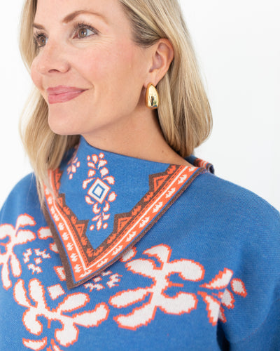 Blue and Orange Print Scarf Neck Sweater