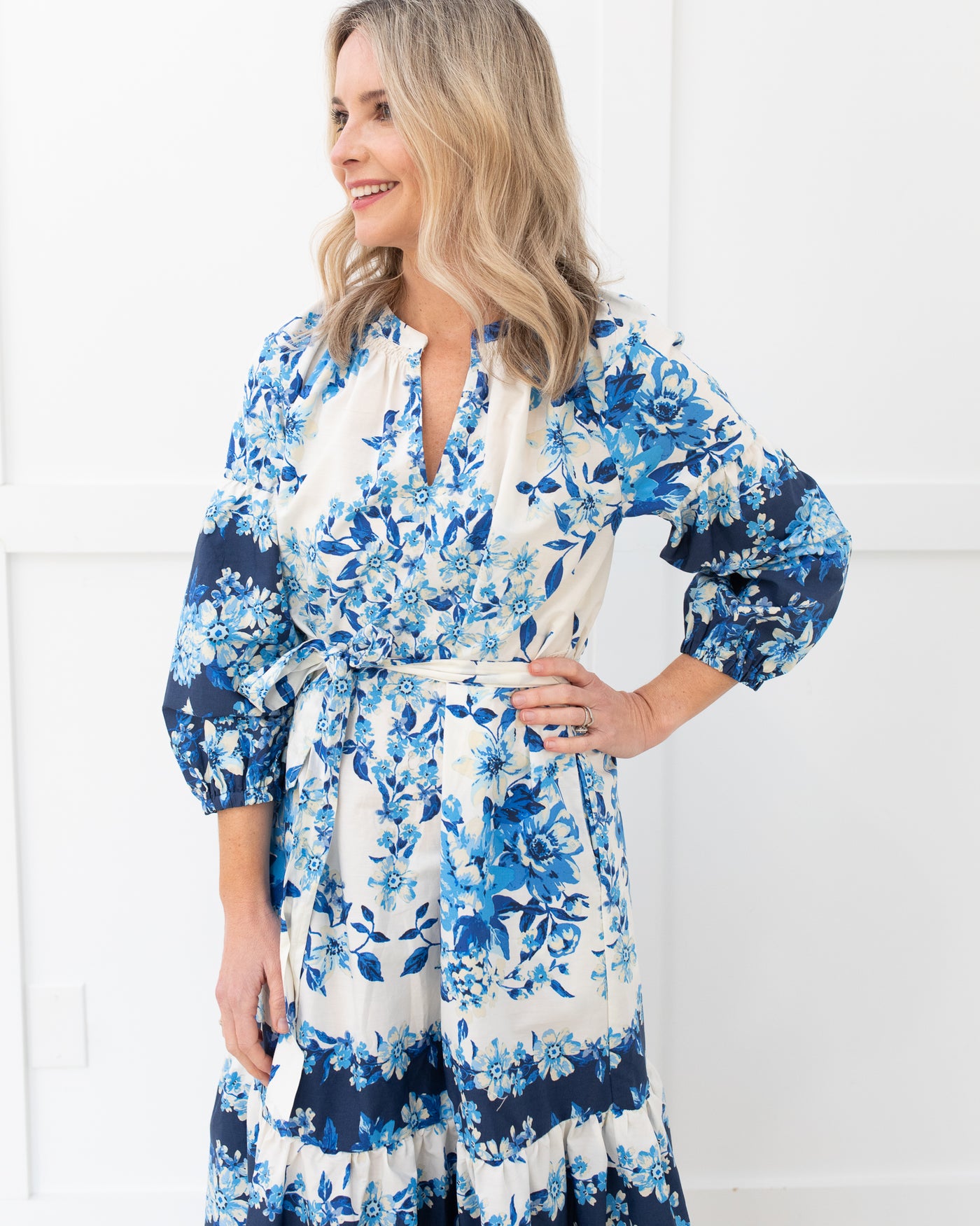 Blue and White Floral Waist Tie Midi Dress