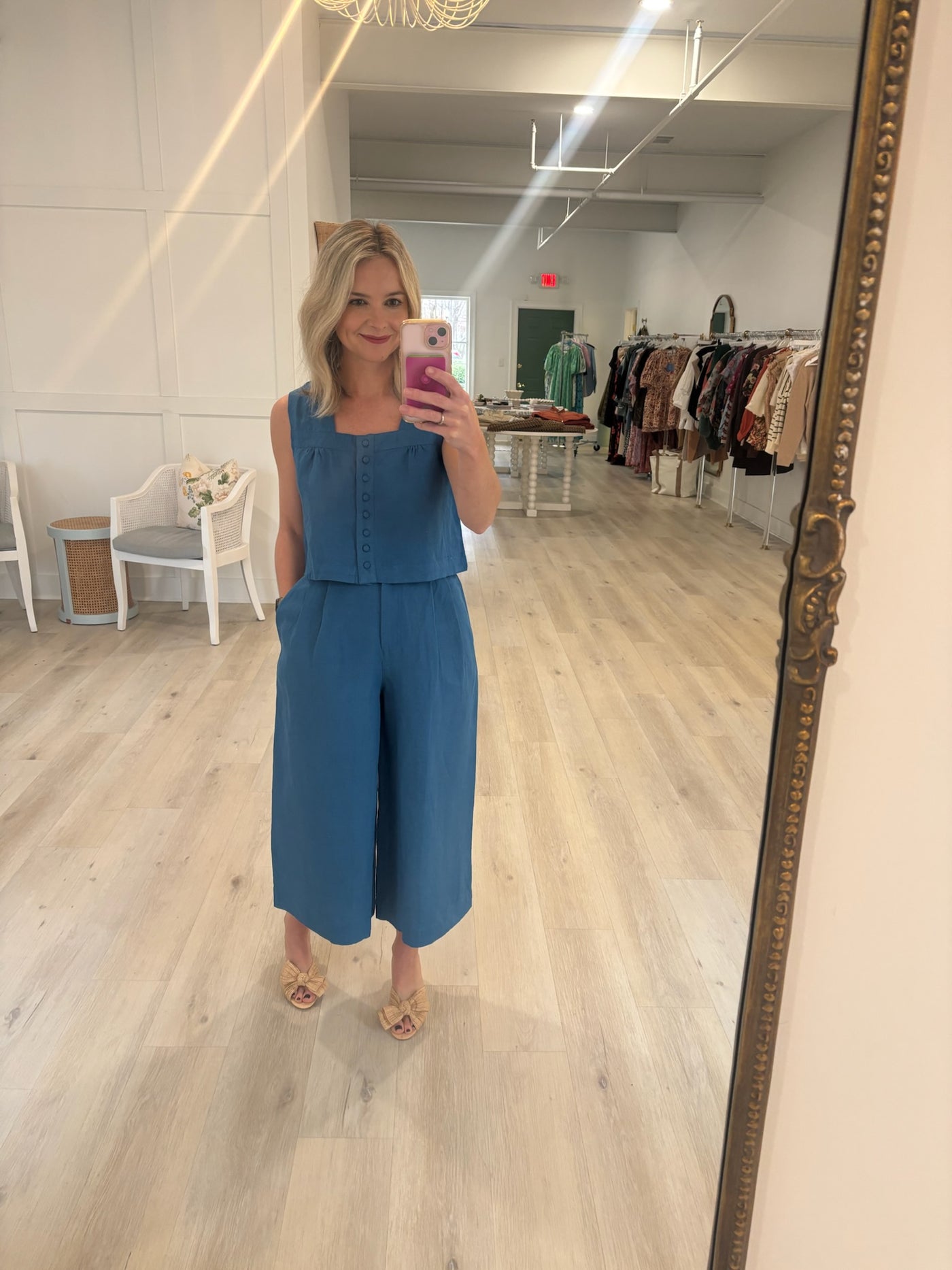 Teal Linen Wide Leg Cropped Pants