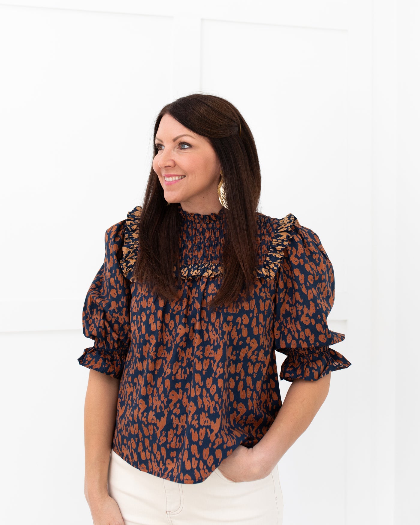 Smocked Top in Navy and Tan Animal Print