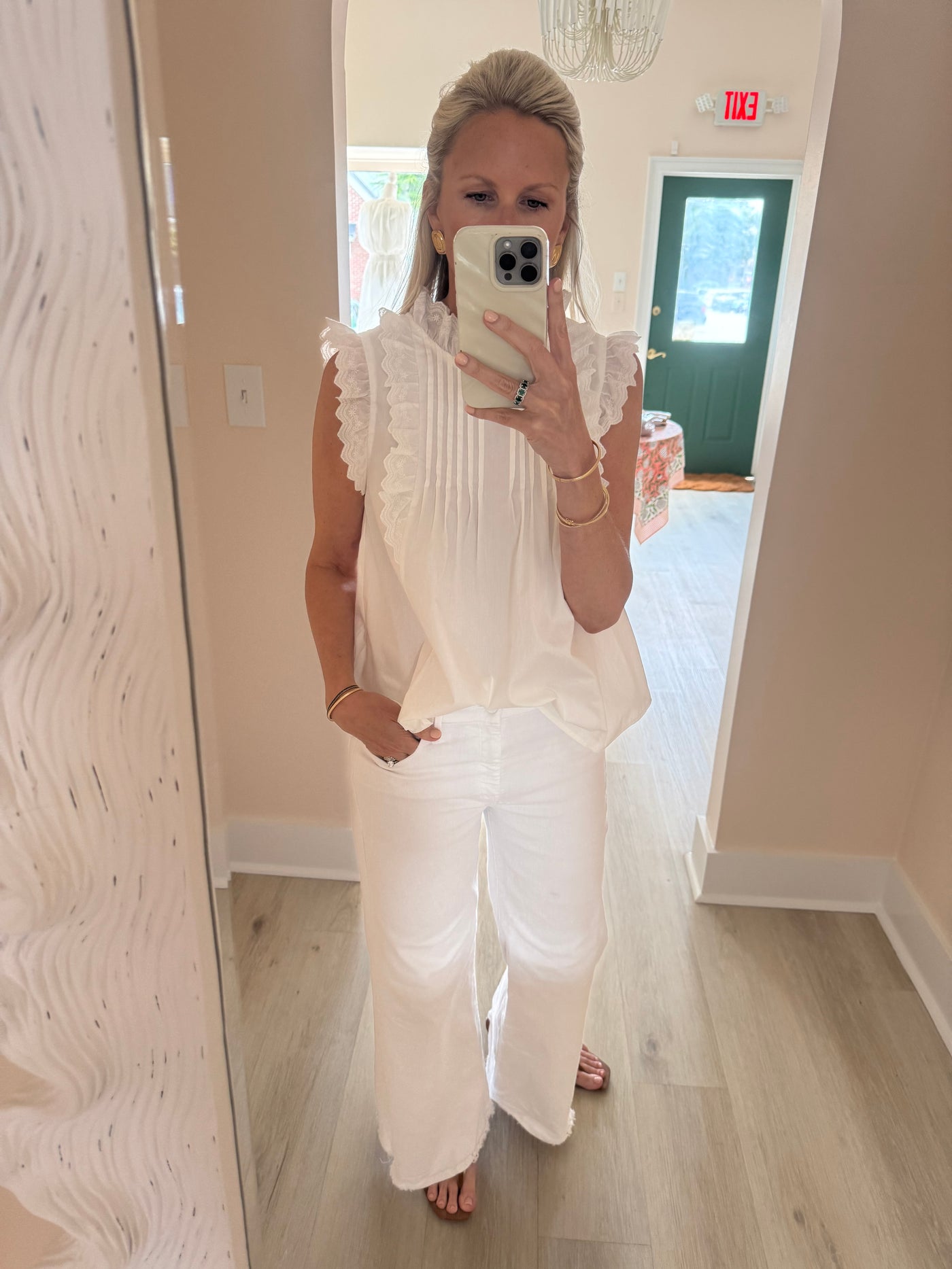 White Embroidered Ruffle Sleeveless Top