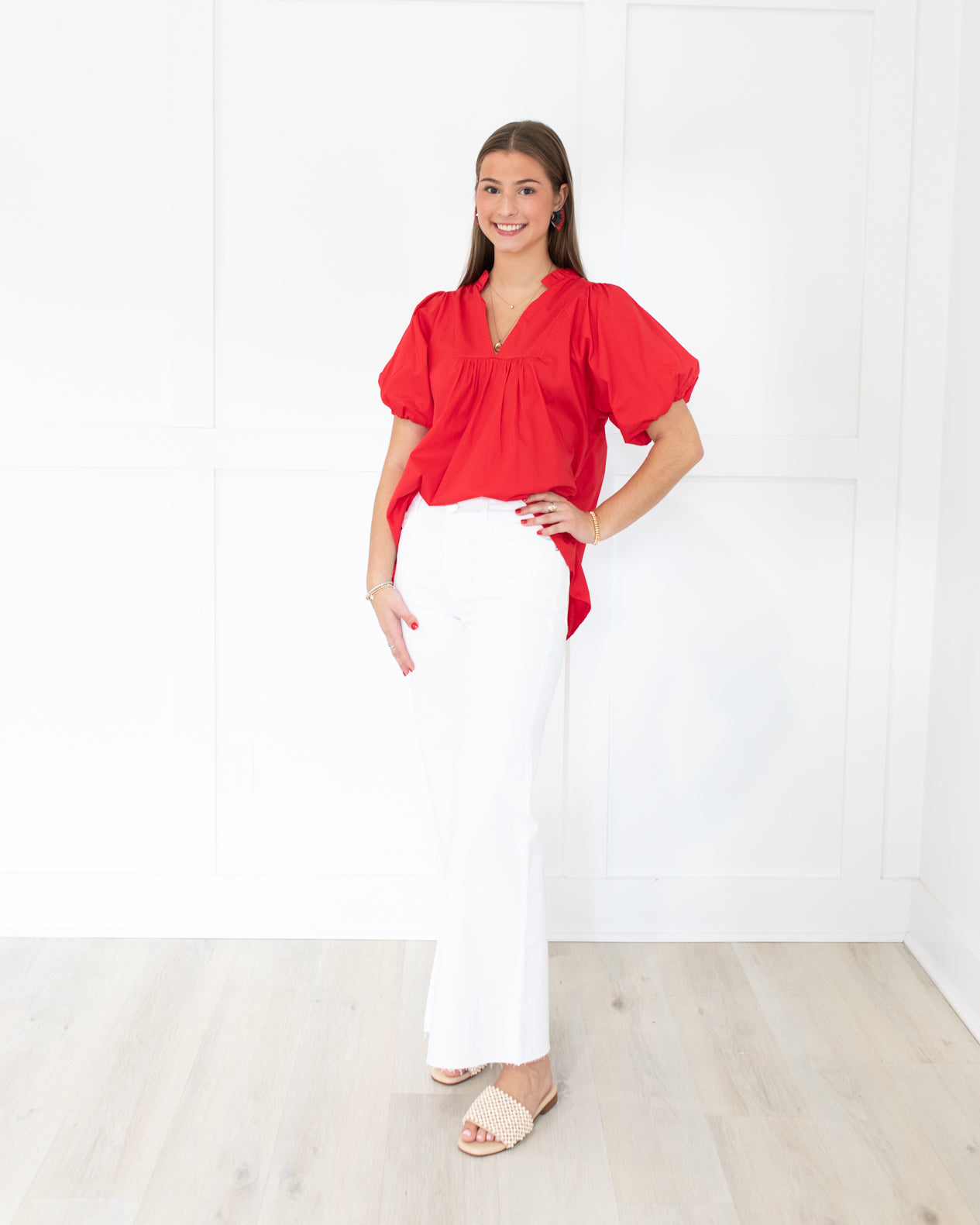 Red Ruffle Neck Balloon Sleeve Top One Size