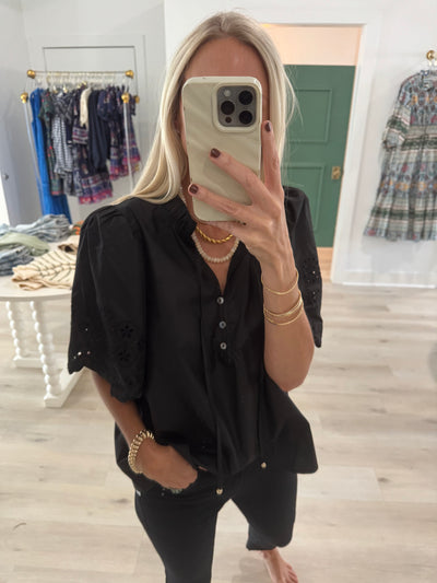 Black Eyelet Scallop Sleeve Top