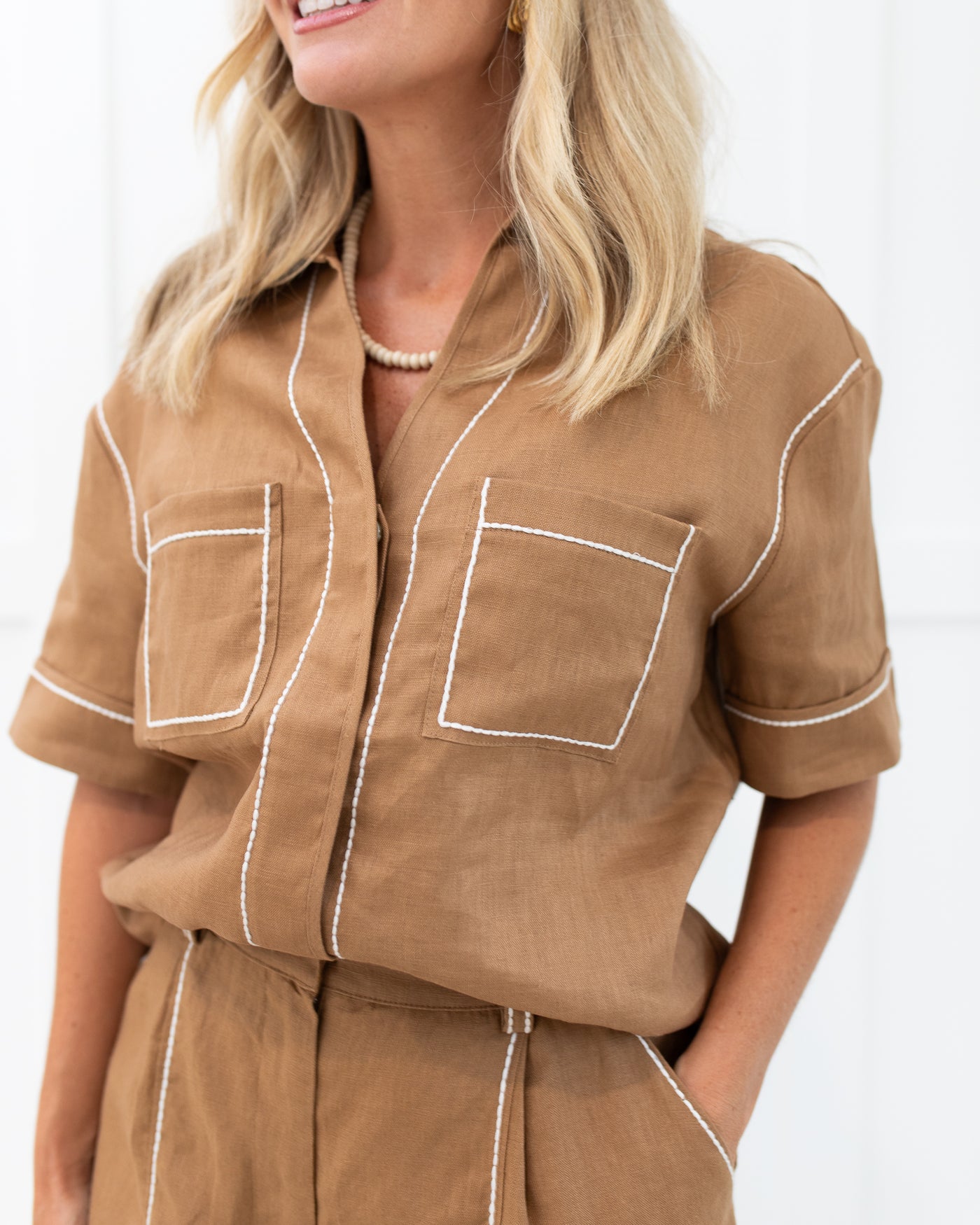 Tan Linen Shorts with Contrast Stitching