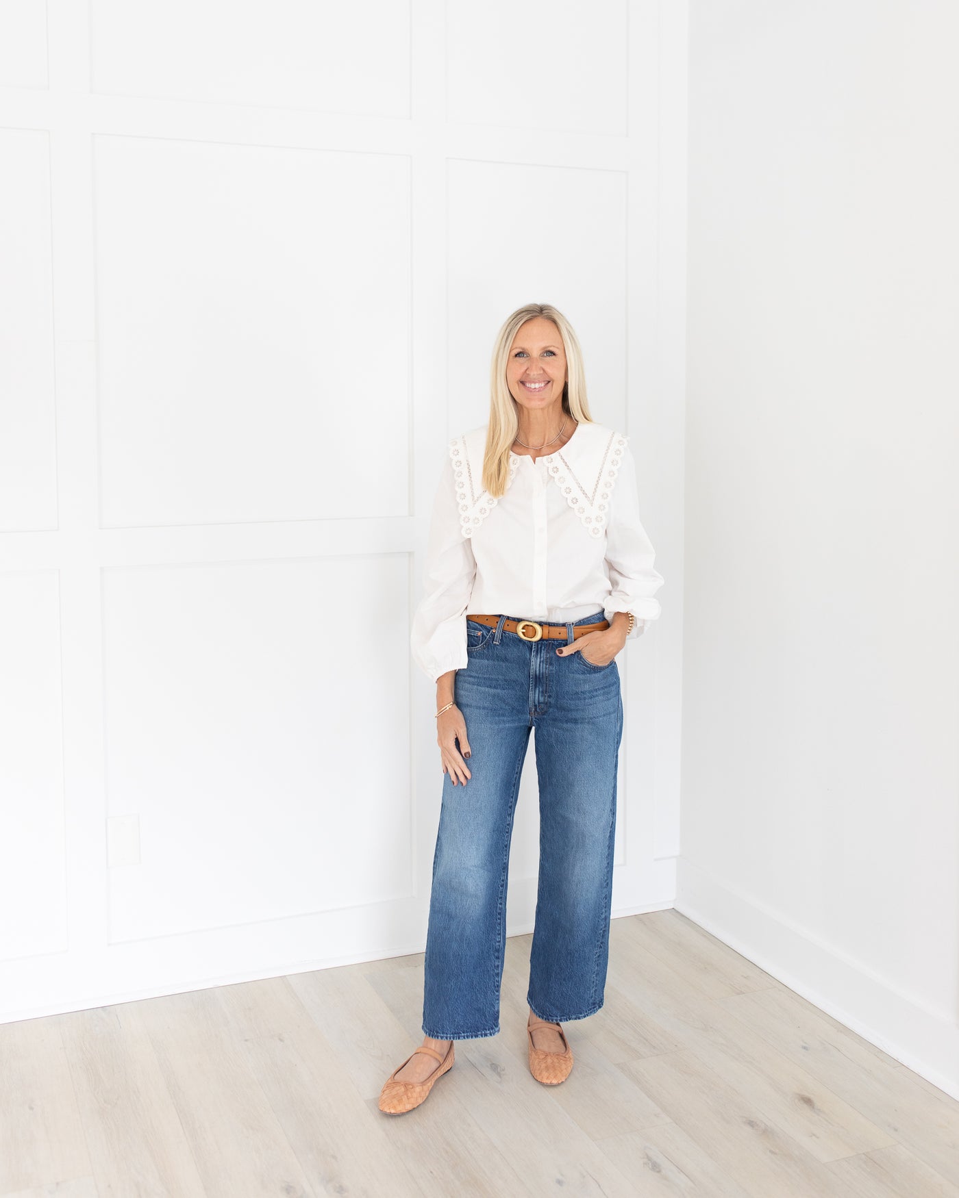 White Eyelet Collar Button Down Top