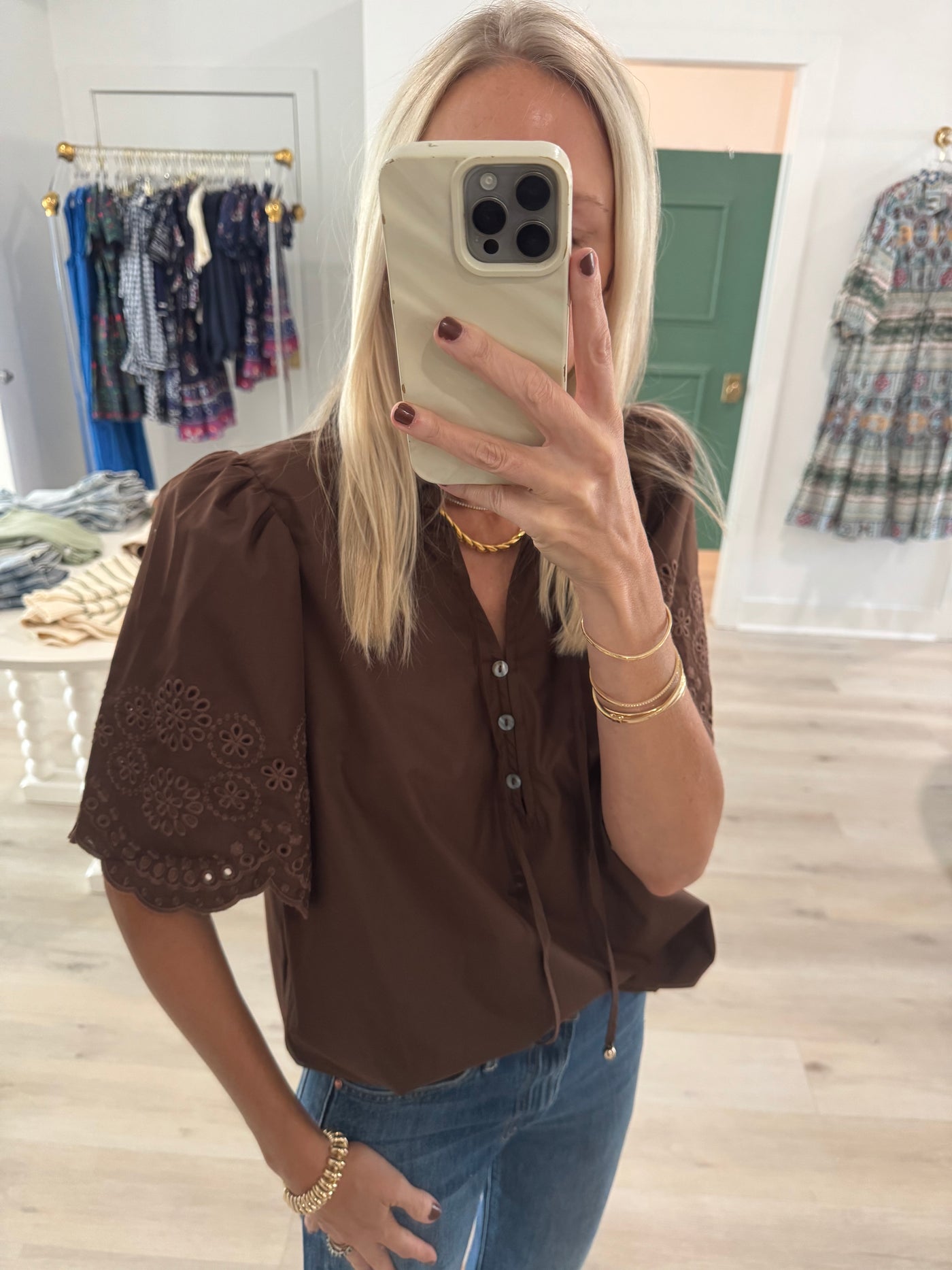 Brown Eyelet Scallop Sleeve Top