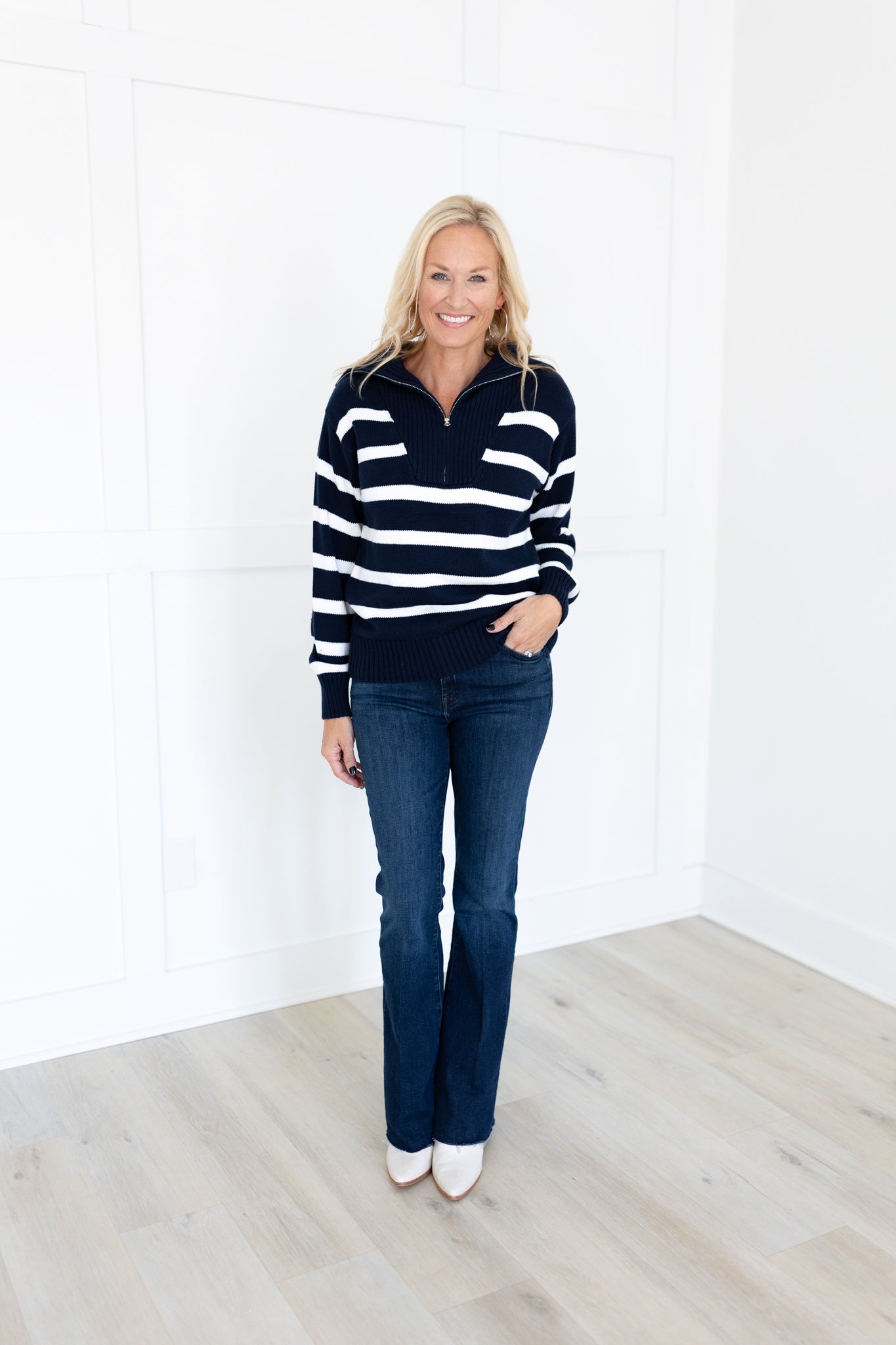 Navy/White Striped Knit Zip Pullover Sweater