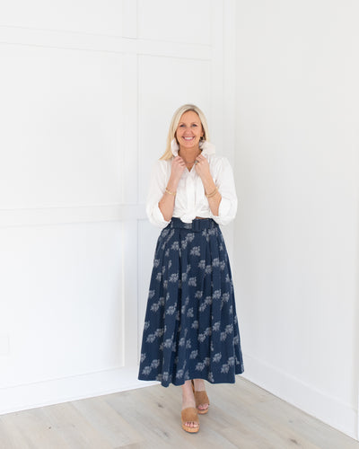 Navy Floral Midi Skirt with Belt