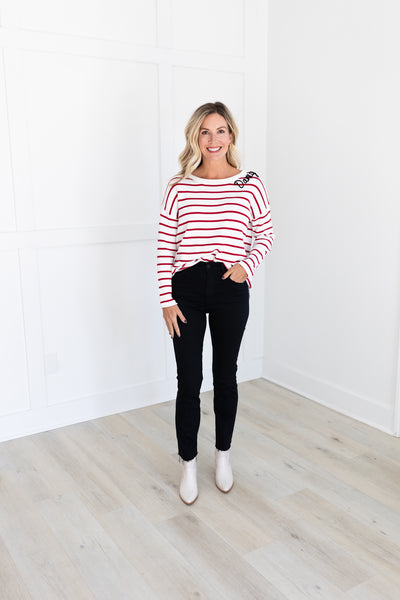 Red & White Stripe UGA Sweater Embroidered with "Dawgs"
