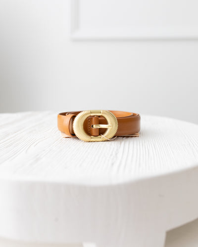 Walnut Brown Leather Belt with Ribbed Texture Gold Buckle