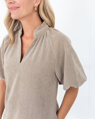 Corduroy Puff Sleeve Dress in Taupe