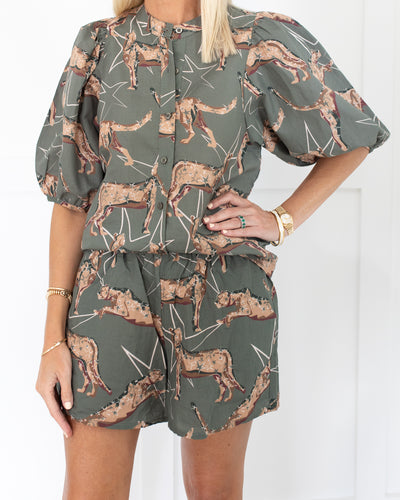 Green Animal Print Balloon Sleeve Shirt