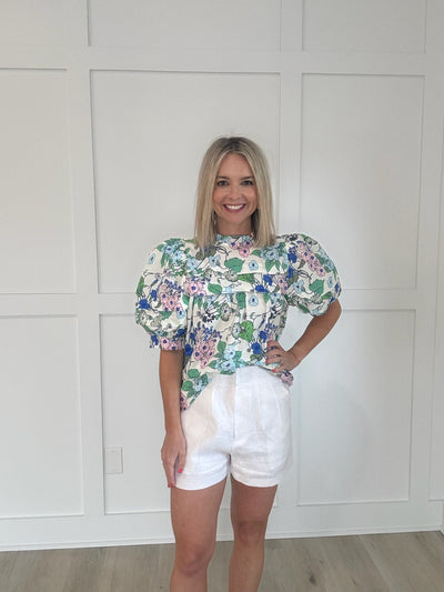 Ivory, Royal & Pink Floral Pleated Front Top