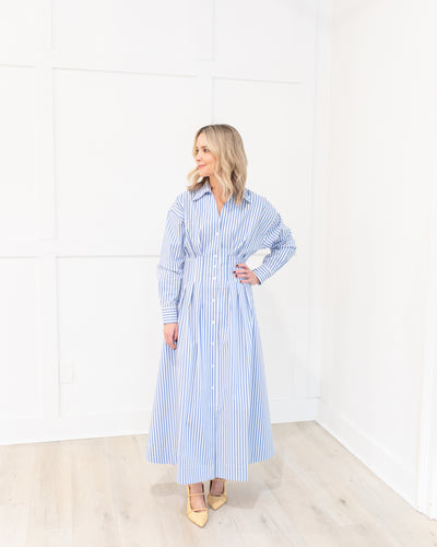 Blue and White Stripe Pleated Midi Dress