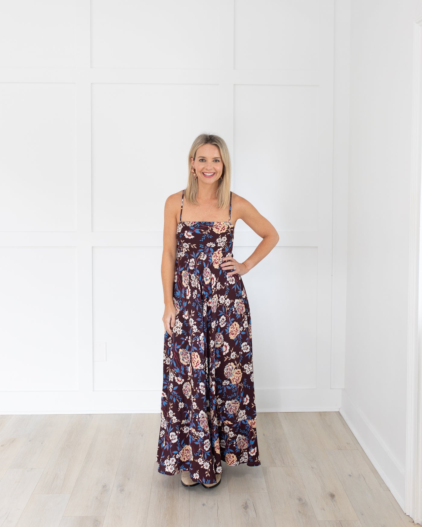 Burgundy with Floral Cream and Blue Maxi Dress