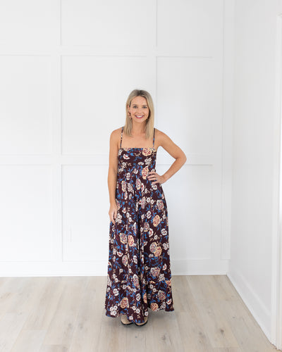 Burgundy with Floral Cream and Blue Maxi Dress