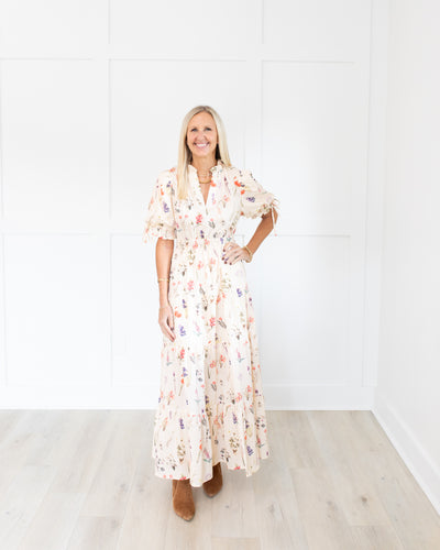 Cream with Floral Print Puff Sleeve Midi Dress