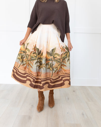 Copper, Sand and Palm Green Pleated Midi Skirt