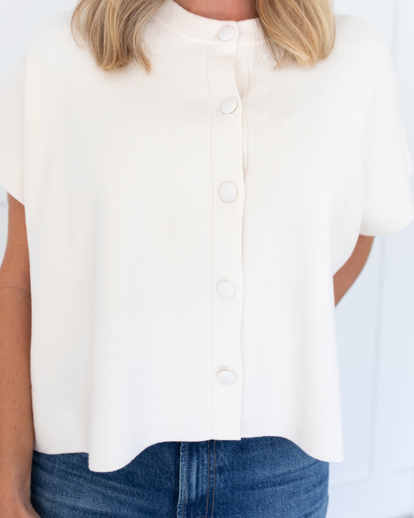 Ivory Knit Soft Short Sleeve Sweater w/Buttons