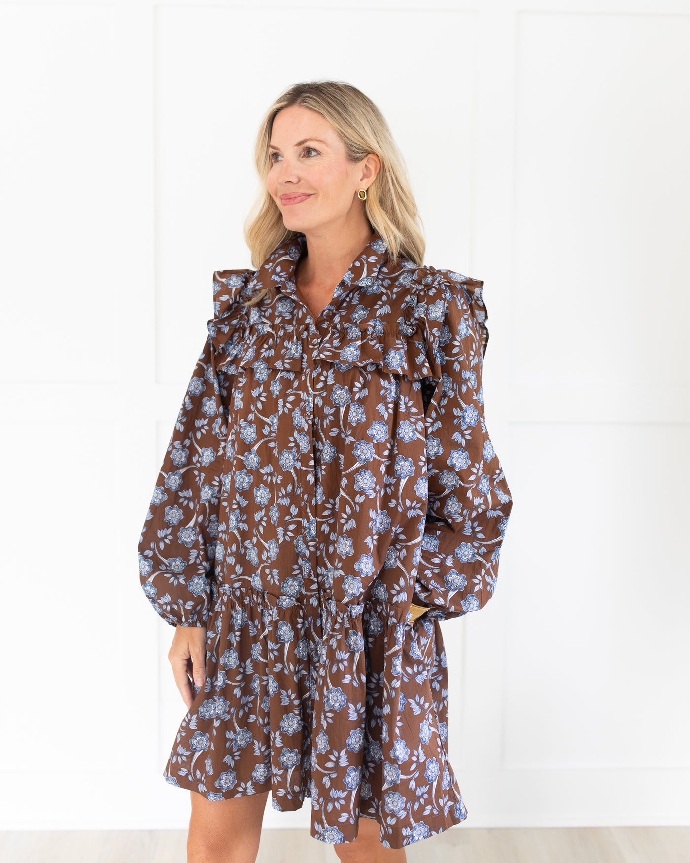Brown with Blue Floral Button Down Drop Waist Dress