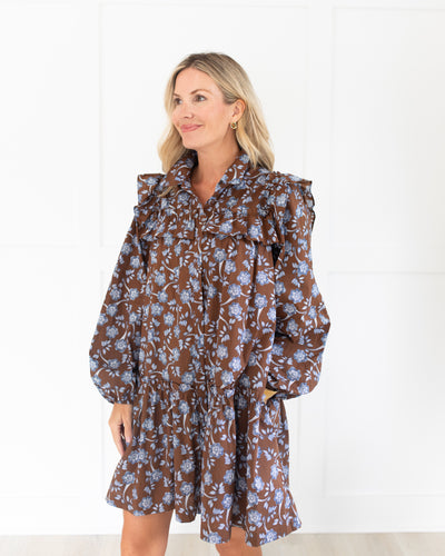 Brown with Blue Floral Button Down Drop Waist Dress