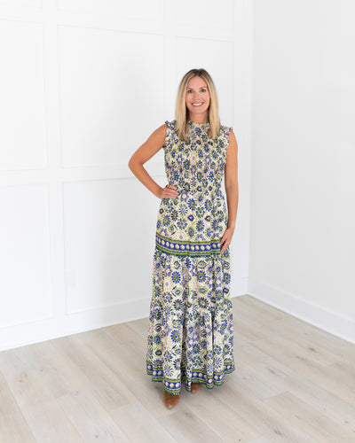 Blue and Green Floral Tiered Maxi Dress