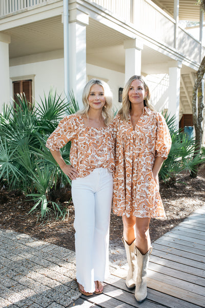 Mason Top In Orange, White and Latte Paisley Floral