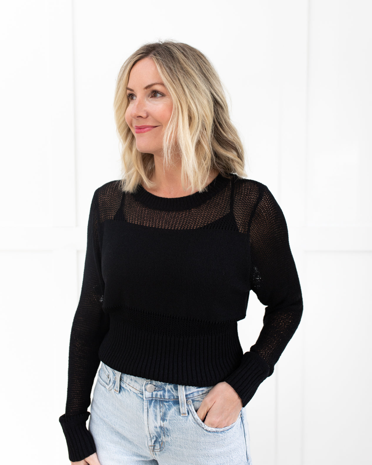 Black Open Knit Pullover Sweater