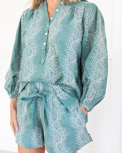 Seafoam and White Embroidered Shorts and Blouse Set
