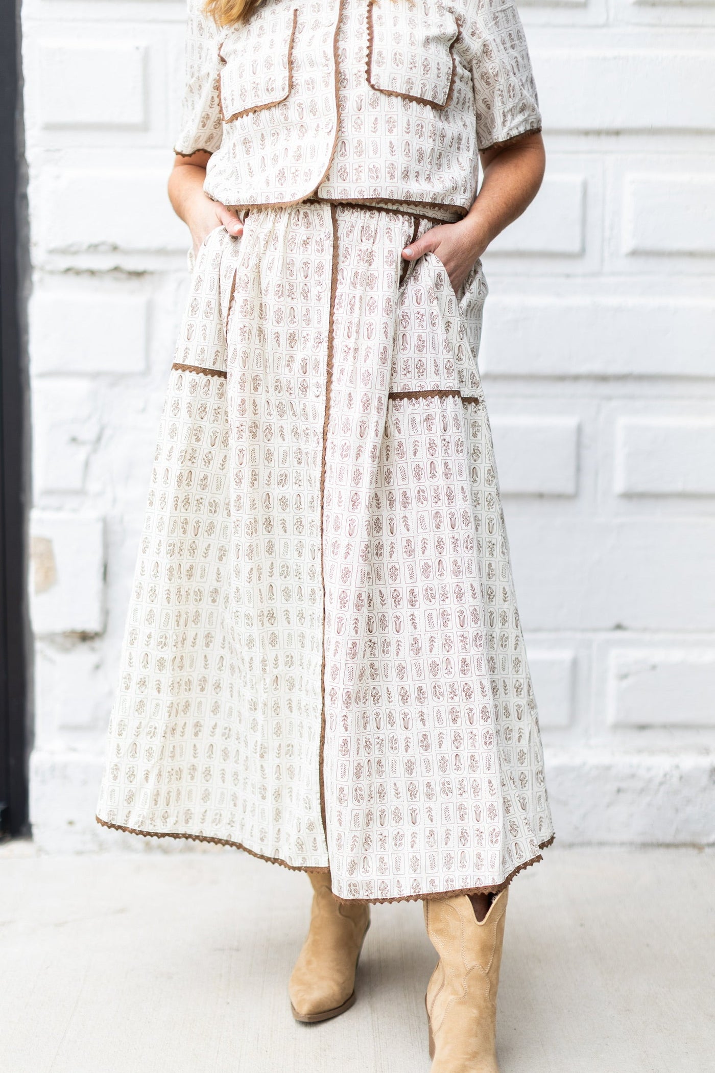 Brown Floral Midi Skirt With Trim