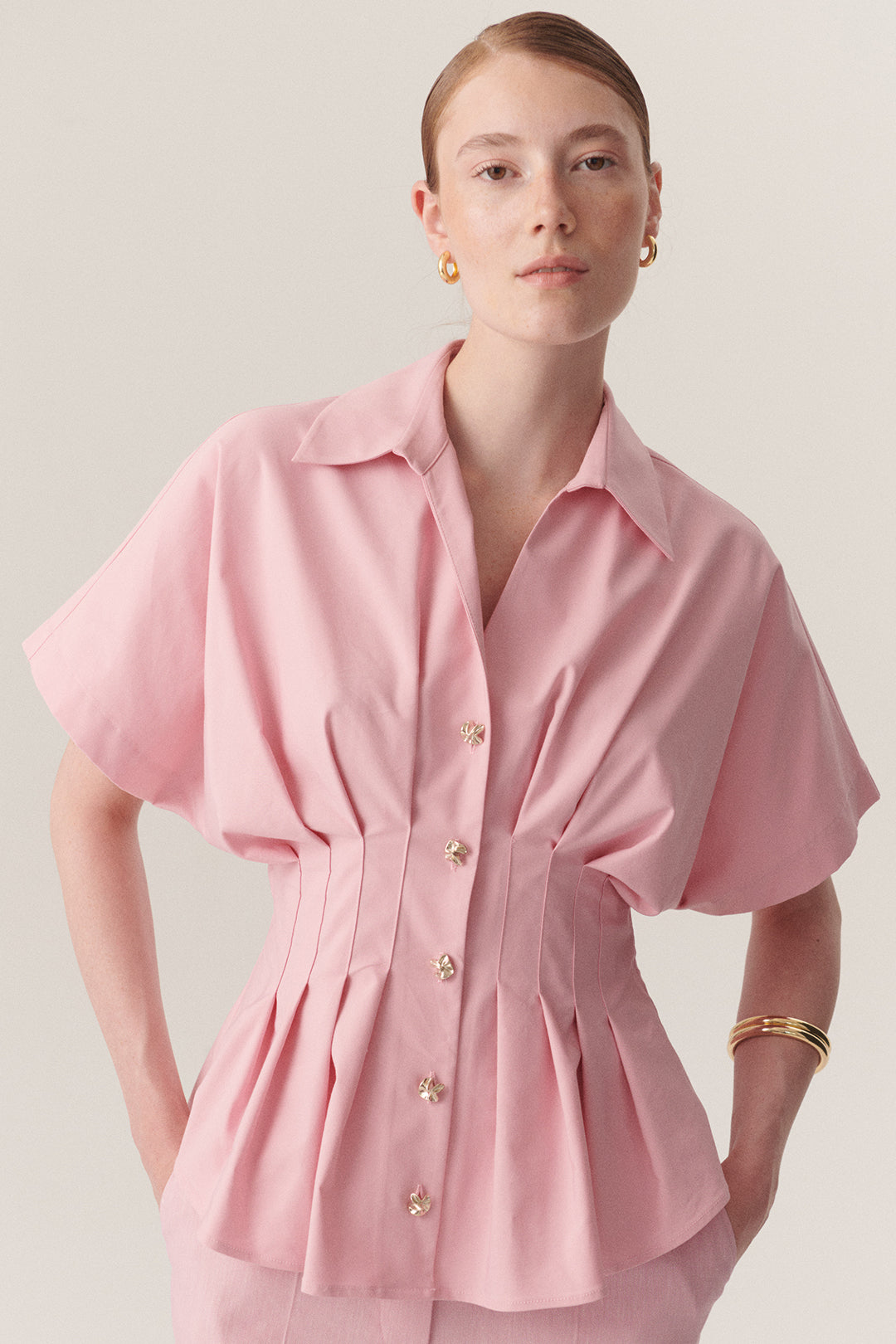 Pink Collared Blouse with Front Pleating and Gold Buttons