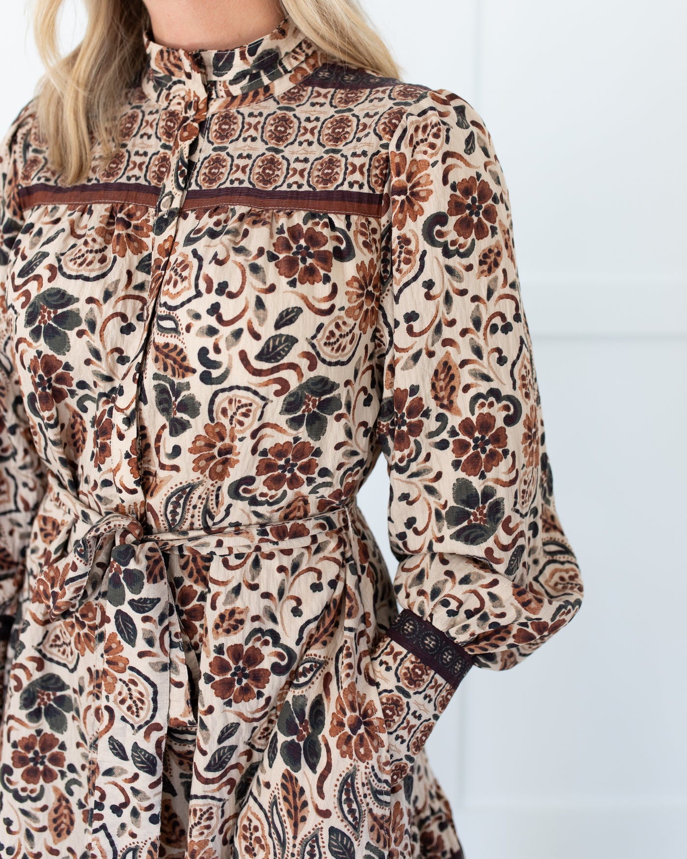 Neutral Black, Brown and Tan Floral Belted Mini Dress