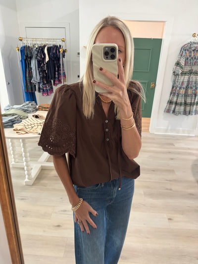 Brown Eyelet Scallop Sleeve Top