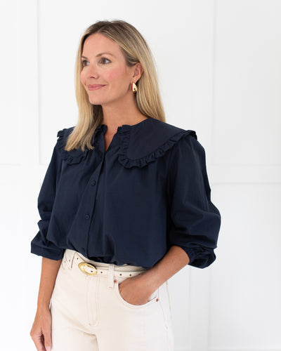 Navy Ruffle Collar Button Front Blouse