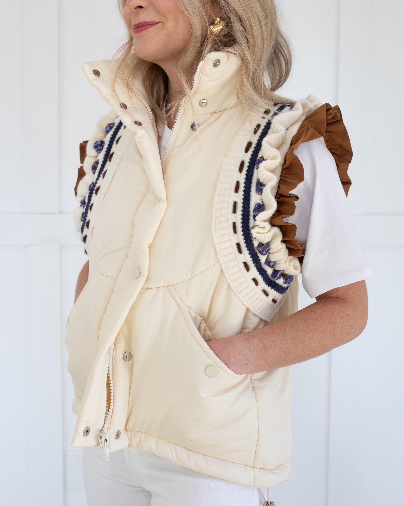 Ivory Ruffle Sleeve Puffer Vest with Embroidered Knit Detail