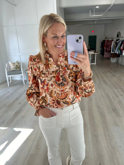 Fall Floral Ruffle Sleeve Top