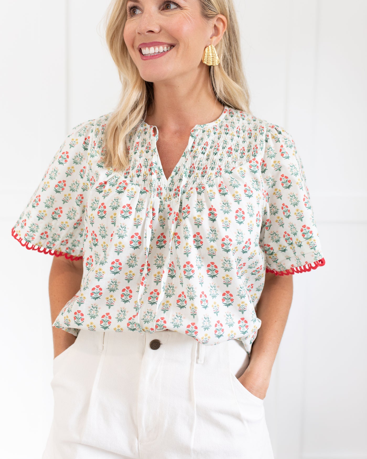 Floral Top with Red Eyelet Trim